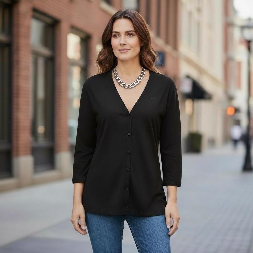 DKNY S Black Rayon Crepe Jersey Cardigan Blouse 3/4 Sleeve R $69